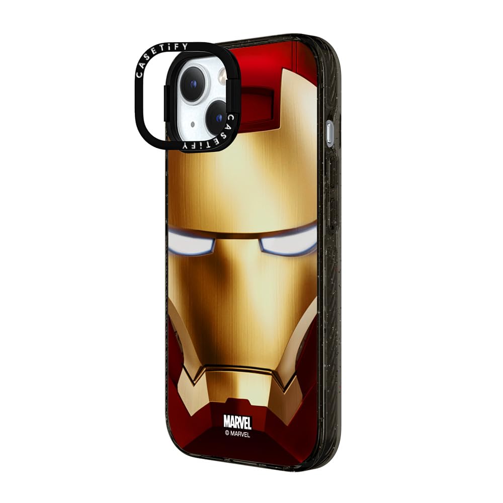 CASETiFY Impact Ring Stand iPhone 15 Case [Iron Man Co-Lab / 3X Military Grade Drop Tested / 6.6ft Drop Protection/Compatible with Magsafe] - Iron Man Hero Mask - Clear Black