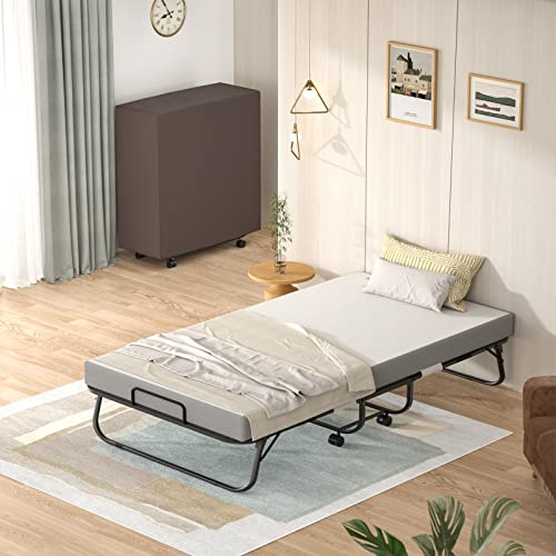 Homieasy Folding Bed with Mattress, Portable Foldable Bed with Storage Cover, Rollaway Bed for Adults with Memory Foam Mattress and Metal Frame, Cot Size Extra Guest Bed on Wheels (75” x 31”)