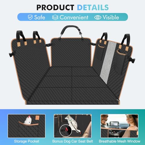 Reiseresa Dog Car Seat Cover with Hard Bottom, Dog Back Seat Extender for Dogs, Hard Bottom Dog Hammock for Car, SUV, Black