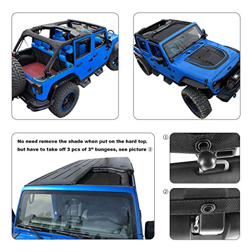 Shadeidea JK Sun Shade Top Compatible with Jeep Wrangler JKU Top Sunshade Soft Mesh Roof Cover (2007-2018)- Wind Noise UV Blocker -10 Year Warranty -4 Door -White -Front&Rear (2 pcs)