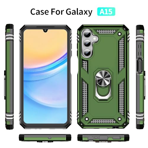 for Samsung Galaxy A15 5G Case with HD Screen Protector : Military Grade 16ft Drop Tested Ring Shockproof Protective Phone Case - Samsung Galaxy A15 ArmyGreen