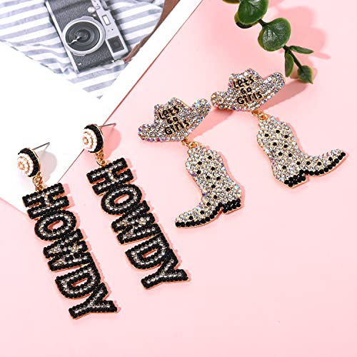 Western Cowgirl Earrings for Women Sparkle Rhinestone Cowboy Boot Hat Dangle Earrings Hypoallergenic Bachelorette Party Howdy Dangling Earrings Nashville Rodeo Country Concert Outfits for Women (cowgirl earrings A Set)