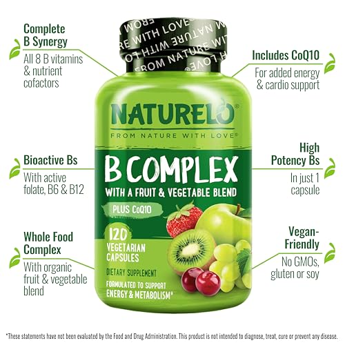 NATURELO Vitamin B Complex with Methyl B12, Methyl Folate, Vitamin B6, Biotin Plus Choline, CoQ10, and Fruit & Vegetable Blend - Supports Energy & Healthy Stress Response - Vegan - 120 Capsules