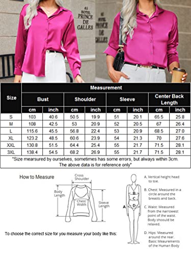 HOTOUCH White Silk Women's Long Sleeve V Neck Shirts Satin Business Work Button Down Tunic Blouse Tops White L