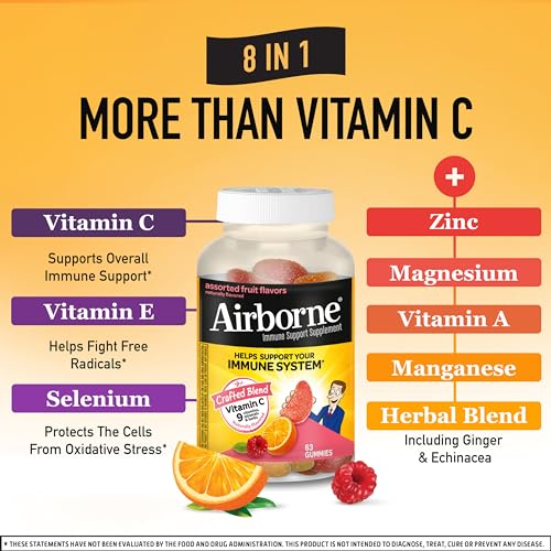 Airborne 750mg Vitamin C Gummies For Adults, Immune Support Gummies With Powerful Antioxidants Vit C & E, Caffeine Free - 2x63ct Bottle (42 Servings), Assorted Fruit Flavor