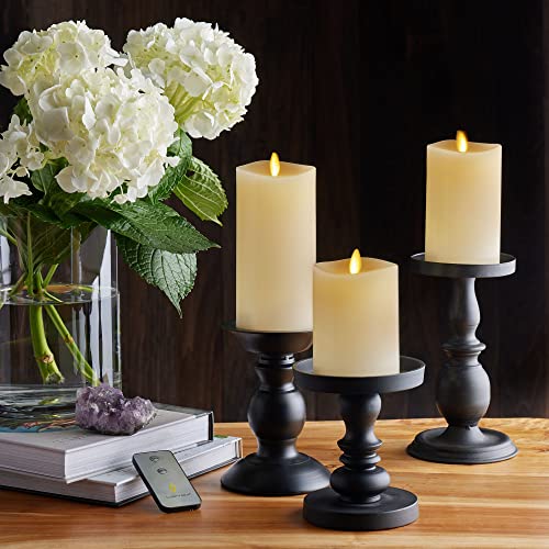 Luminara Realistic Artificial Moving Flame Pillar Candles - Set of 3 - Melted Top Edge, LED Battery Operated Lights - Unscented - Remote Included- 3" x 4.5", 3" x 5.5", 3" x 6.5" (White)