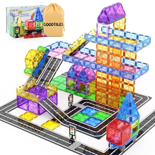 Goodtiles Magnetic Tiles Road Sets with Car Kits -Magnet Building Blocks Montessori Toys for Toddlers | Preschool Educational Sensory Construction Toys for Ages 3 4 5 6 7 Boys and Girls