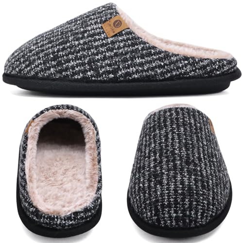 ONCAI Mens Fadeblue Knit Stripes Cozy Memory Foam Scuff Slippers Slip On Warm House Shoes Indoor/Outdoor With Best Arch Surpport Size 8