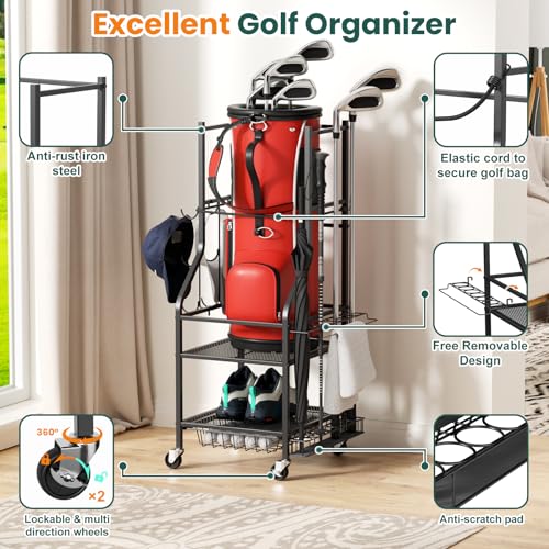 VOPEAK Golf Bag Organizer, Golf Bag Stand Fits Single Bag, Golf Organizer for Golf Clubs, Golf Balls, Golf Equipment Accessories, Easy Assembly Golf Storage Organizer for Garage, Club, Shed, Basement