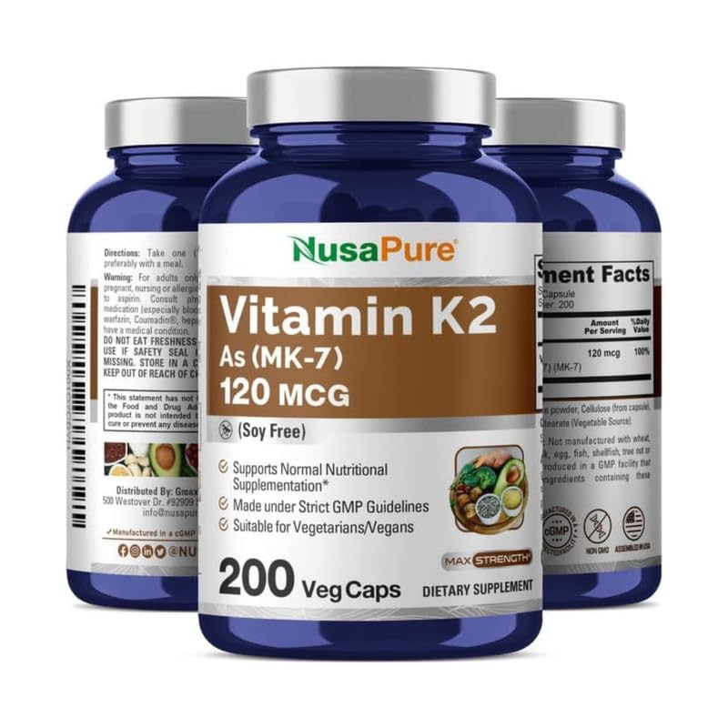 NusaPure Vitamin K2 MK7 120 mcg 200 Veggie Caps (Soy Free, Non-GMO, Vegan)