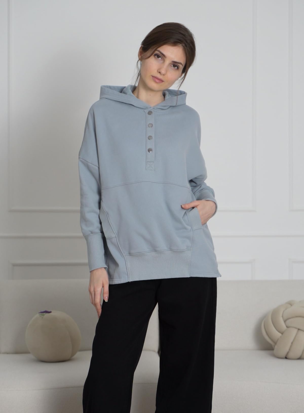 AlvaQ Womens Sweatshirts Button V Neck Fleece Oversized Hoodies Casual Loose Pullover Hooded Tops Fall Winter Outfits 2025 Grey Large