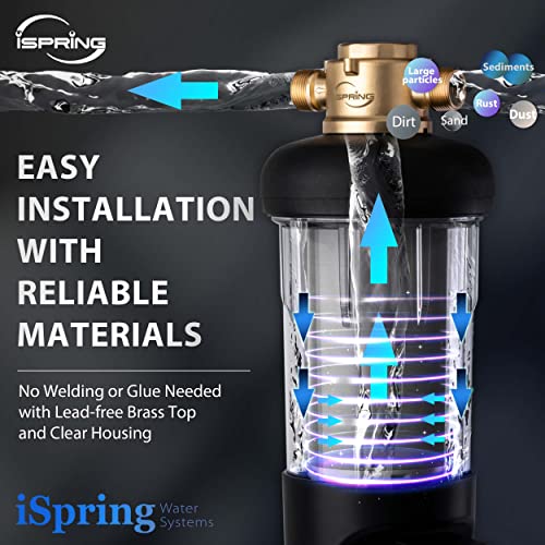 iSpring WSP50ARJ Spin-Down Sediment Water Filter, Upgraded Jumbo Size, Large Capacity, Reusable with Touch-Screen Auto Flushing Module, Brass Top Clear Housing, 50 Microns