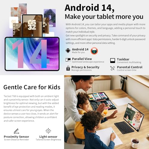 TECLAST Tablet 12 inch Android 14 Tablets, T60 with 256GB Storage(Expand to 1TB), Unisoc T616 CPU, 8000mAh +18W PD Fast Charger, 4 Speakers, 5G WiFi+4G LTE, Dual 13MP Camera,GPS