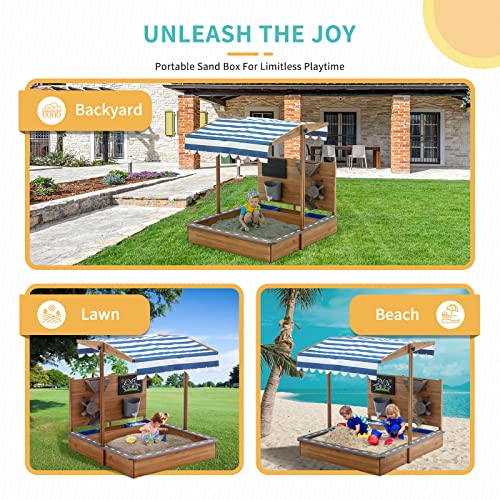 Kids Large Wooden SandBoxes with Roof, Pipleo Outdoor Sand Box Play w/Canopy for Backyard Garden Beach, Sand Pit for Beach Patio Outdoor, [Adjustable Cover & Sand Funnel & Drawing Board] - Brown Oak