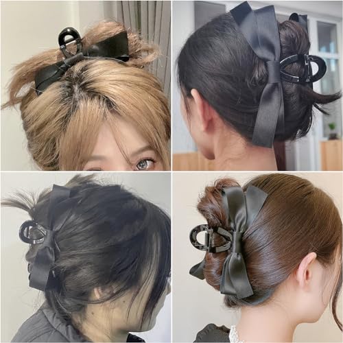 Satin Bow Claw Clip for Women Girls, Bow-knot Hair Claw Clip Stylish Strong Hold Hair Claw Barrette for Thick Thin Hair Casual Formal Wear (Black)