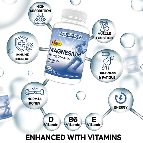 MGSPORT Magnesium Supplement - High Absorption Supplement with Vitamins B6, D, E - Relieves Leg Cramps & Muscle Support - 100 Servings