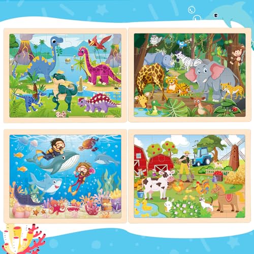 Wooden Animals Puzzles for Kids Age 3 4 5 Year Old, 4 Pack 24 Pcs Montessori Toddler Jigsaw Puzzles for Girl boy Activities Preschool Learning Educational Birthday Gift Travel Autistic Wooden Toys