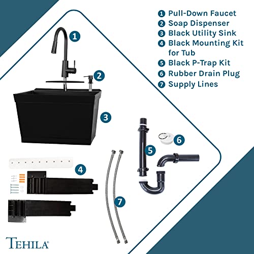 JS Jackson Supplies Tehila Black Wall-Mounted Utility Sink Tub Kit with Black Pull-Down Faucet, Wall-Mounted Utility Tub with Wall Bracket for Laundry Room, Garage, Workshop