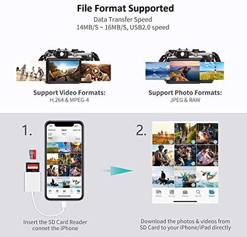 SD Card Reader for iPhone iPad, Apple MFi Certified iPhone SD/Micro SD Card Reader Adapter Cable with Dual Slots for SLR Cameras, Trail Game Camera Viewer, Memory Card Reader for iPhone, Plug and Play