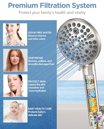 MakeFit Handheld Shower Head with Filter Brushed Nickel - High Pressure 10 Spray Modes Filtered Shower Head with Hose, Bracket and Hard Water Shower Filters to Remove Chlorine and Heavy Metals