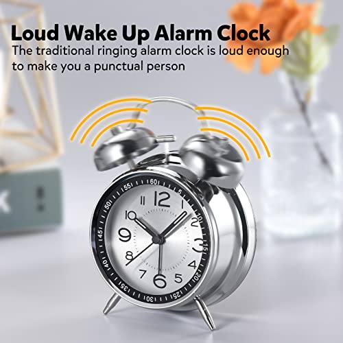 Cadmos Loud Alarm Clock for Heavy Sleepers Adults,Retro 4 Inch Silent Non-Ticking Quartz with Backlight,Twin Bell Analog Kids Alarm Clocks for Bedrooms Bedside (Black)