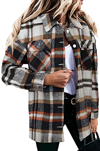 Magritta Womens Thick Shirt with Bust Pockets Cozy V Neck Collared Cuffed Button Down Long Sleeve Shacket Jacket Plus Size Coat Blouse Geometry Orange Medium