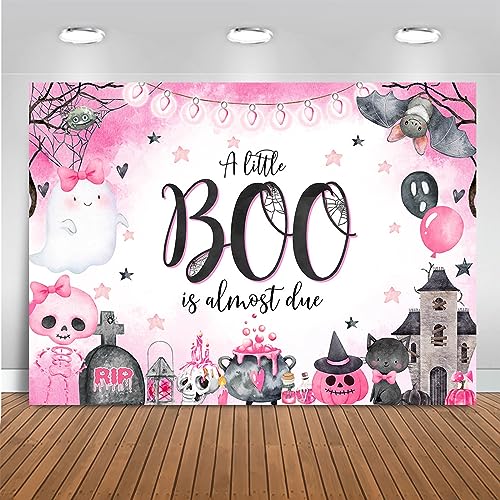 Mocsicka Halloween Baby Shower Backdrop for Girl Cute Spooky Ghost Boo Pumpkin Background A Little Boo is Almost Due Trick or Treat Party Decoration Photo Booth Props (Pink, 7x5ft(82''x60''))