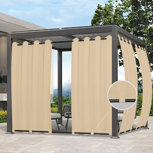 Easy-Going Outdoor Curtains Waterproof Windproof Weatherproof Curtain for Patio, Cabana, Porch, Pergola and Gazebo, Grommet Top and Tab Bottom Drape, 1 Panel, 110x120 inch, Beige