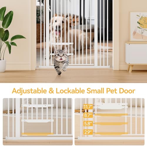 YITAHOME Extra Tall 55" High Metal Dog Gate with Cat Door, 29.5"- 48" Wide Auto Close Pet Gate Indoor for Stairs, Doorways, House, No Drilling Pressure Mount, Sturdy, White