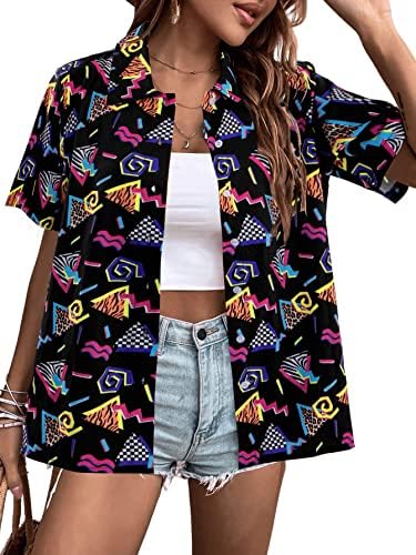 80s 90s Outfits for Women Retro Theme Party Disco Shirt 80s Hawaiian Shirt Neon Button Down Short Sleeve Blouse Tops