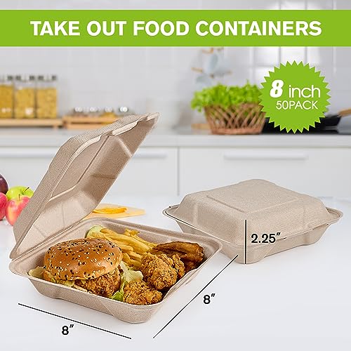 ECOLipak 300 Pack Clamshell To Go Containers, 100% Compostable Disposable Take Out Food Containers, 8X8 inch 3-Compartment Heavy-Duty To Go Boxes