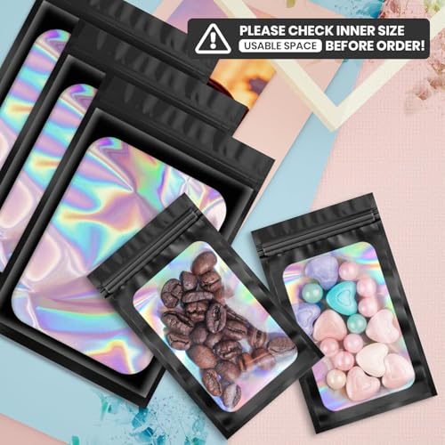 Funfery 100 pcs Pink Smell Proof Mylar Holographic Bags, Clear Resealable Odor Proof Foil Pouch Bag for Food Storage, Jewelry, Eyelash Packaging,Gloss,Small Business (6.3x9.4In)
