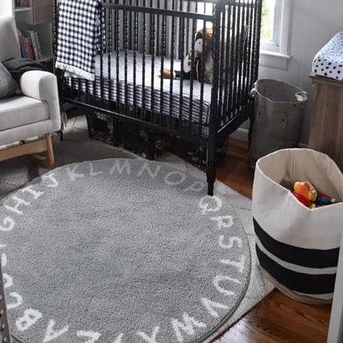 Lahome ABC Alphabet Kids Round Rug - 3' Diameter Grey Washable Area Rugs, Non-Slip Baby Rug Soft Playtime Collection, Cute Furry Plush Shaggy Floor Carpet for Bedroom Playroom Nursery Room