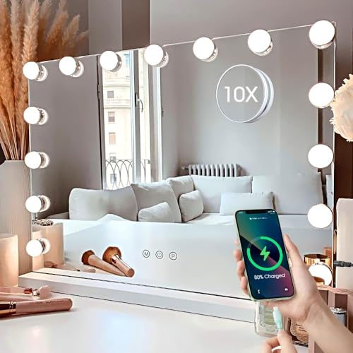 Kottova Vanity Mirror with Lights,Makeup Mirror,Hollywood Mirror with 15 Dimmable LED Bulbs,3 Color Modes & Detachable 10X Magnification Mirror,Slim Metal Frame Design,Smart Touch Control,Plug in