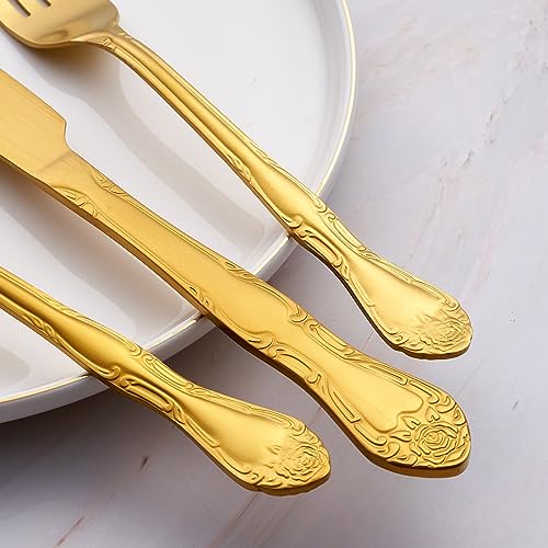 Matte Gold Dessert Forks, FULLYWARE Stainless Steel Satin Finish Forks Silverware Salad Fork Set of 6, Rose Pattern Design, Dishwasher Safe