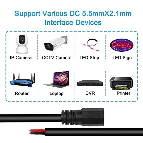 XMSJSIY 5.5mm x 2.1mm DC Power Pigtail Cable,5521 DC Female Plug to Bare Wire Open End Power Wire, 16AWG 24V DC Power Supply Repair Cable for CCTV Security Camera DVR LED Strip Light 3M -1PCS