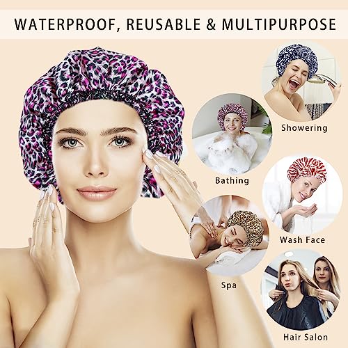 4 PCS Shower Caps for Women, Elastic and Reusable Bath Caps, Double Waterproof Layers Shower Cap, Bathing Shower Caps, Environmental Protection Hair Bath Hat - Printed Color