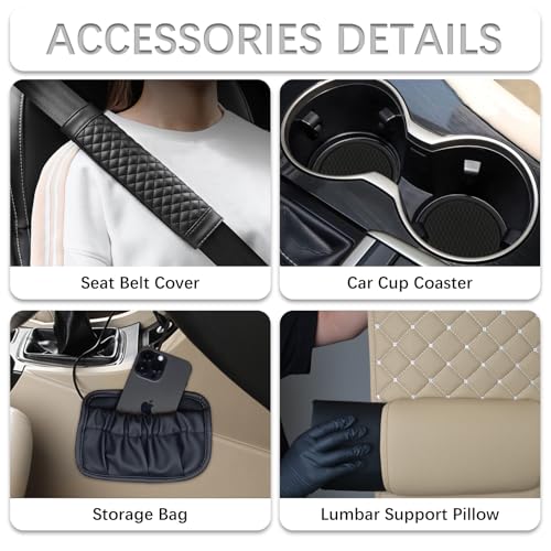 GEEYONTEK Leather Car Seat Covers Front Set, Universal Sideless Vehicle Cushion with Lumbar Support Pillow Storage Pocket Seat Belt Pads Car Cup Coaster, Fit for Most SUV Truck Pick-up (Black)