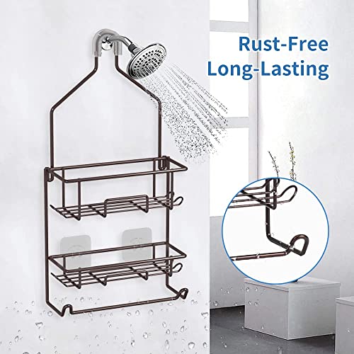 Shower Caddy Hanging Over Shower Head Rust Roof Shower Organizer with 10 Hooks for Razor Shampoo Holder Bathroom Shower Rack Storage Shelf with Towel Bar – Bronze