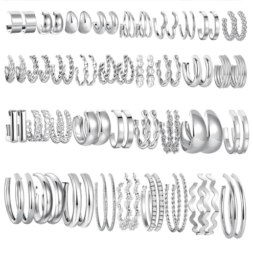 36 Pairs Gold Hoop Earrings Set for Women, Chunky Gold Earrings Multipack, Trendy Hypoallergenic Silver Hoop Earring Pack (Style1-silver)