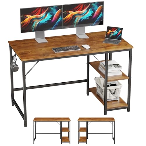 JOISCOPE Home Office Computer Desk with Wooden Storage Shelf, Office Desk and Gaming Table with Splice Board, 2-Tier Industrial Morden Laptop Study Writing Desk, 48 x 24 inches (Vintage Oak)