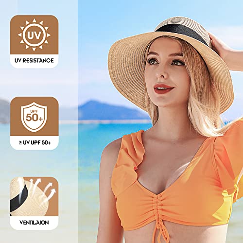 Beach Sun Hats for Women, Wide Brim Straw Hats with Adjustable Band, UPF 50+ Summer Foldable Roll up Hat