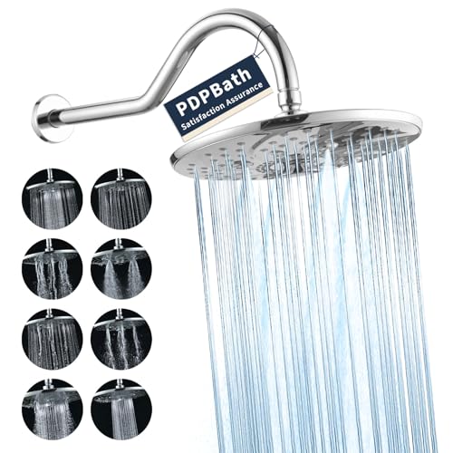 PDPBath Large 10 Inch Rain Shower Head with Extension Arm, 8-Setting Rainfall Showerhead with Extender, High Pressure Shower Heads with 16.7" Shower Arm Extension, Chrome