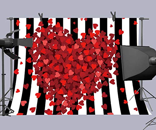 Red Hearts Backdrop for Wedding Anniversary, 9x6FT, Black White Striped Background,Romantic Patry Banner Photo Booth Props HXLU083