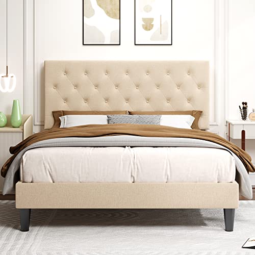 Allewie Full Size Bed Frame with Adjustable Headboard/Diamond Stitched Button Tufted/Fabric Upholstered Platform Bed Frame/Wood Slat Support/No Box Spring Needed/Easy Assembly, Beige