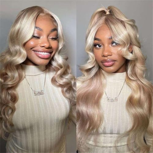 Rina 200% Density Milk Tea Ash Blonde Lace Front Wig Human Hair Upgrades Body Wave Platinum Grey Balayage Lace Front Wig More Full and Thicker 13x4 HD Invisible Frontal Wig for Women 18 Inch