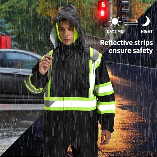 Hi Vis Rain Jacket for Men,Waterproof Class 3 Safety Rain Suit with Removable Hood & Black Bottom,High Visibility Rain Gear with Interior Mesh Lining