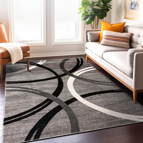 Rugshop Modern Wavy Circles Design Round Rug 6' 6" (6' 6" Diameter) Black