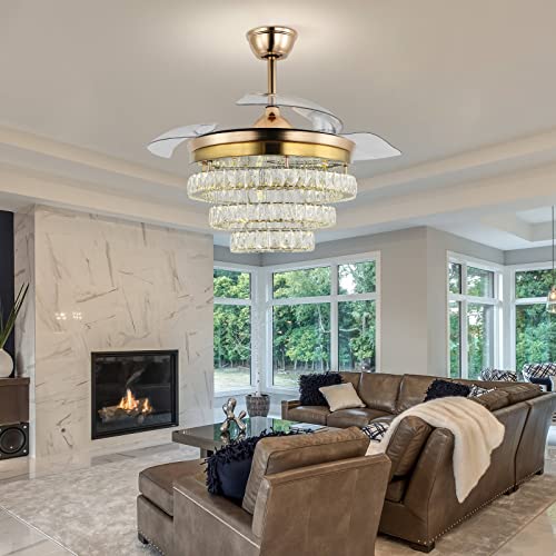diisunbihuo 42" Gold LED Fandeliers with Lights Dimmable Crystal Ceiling Fan with Lights Individual 3 LED Color Change with Timi Memory Function