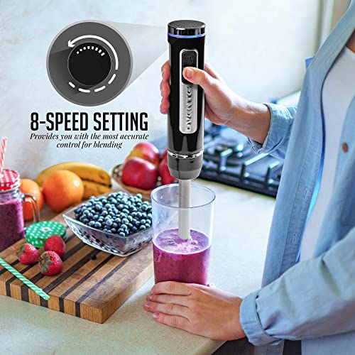 OVENTE Electric Cordless Immersion Hand Blender 200 Watt 8-Mixing Speed with Stainless Steel Blades, Heavy-Duty Portable & Rechargeable Perfect for Smoothies, Puree Baby Food & Soup, Black HR781B